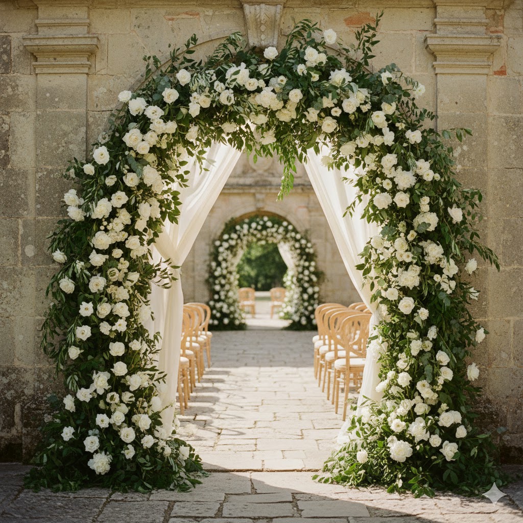 A picturesque Château-Inspired outdoor wedding venue featuring stone arches adorned with white roses and lush greenery, with wooden chairs arranged for a ceremony.