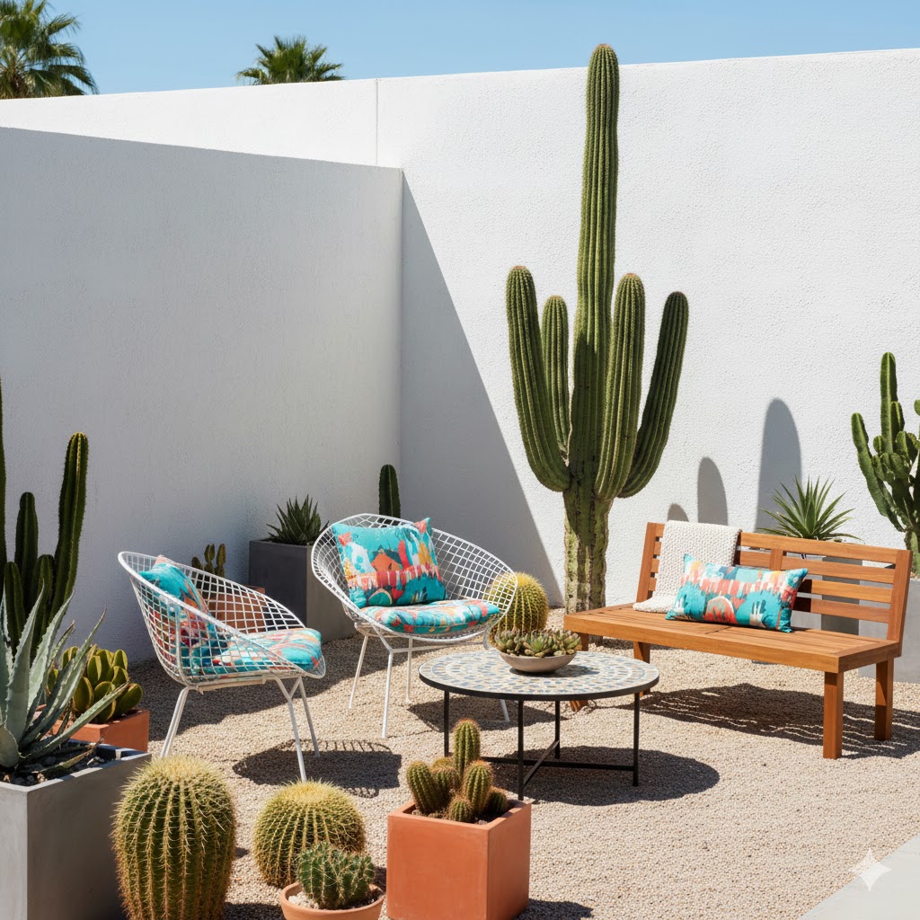 Palm Springs Mid-Century Garden furniture, Cactus, Color & Retro Vibes