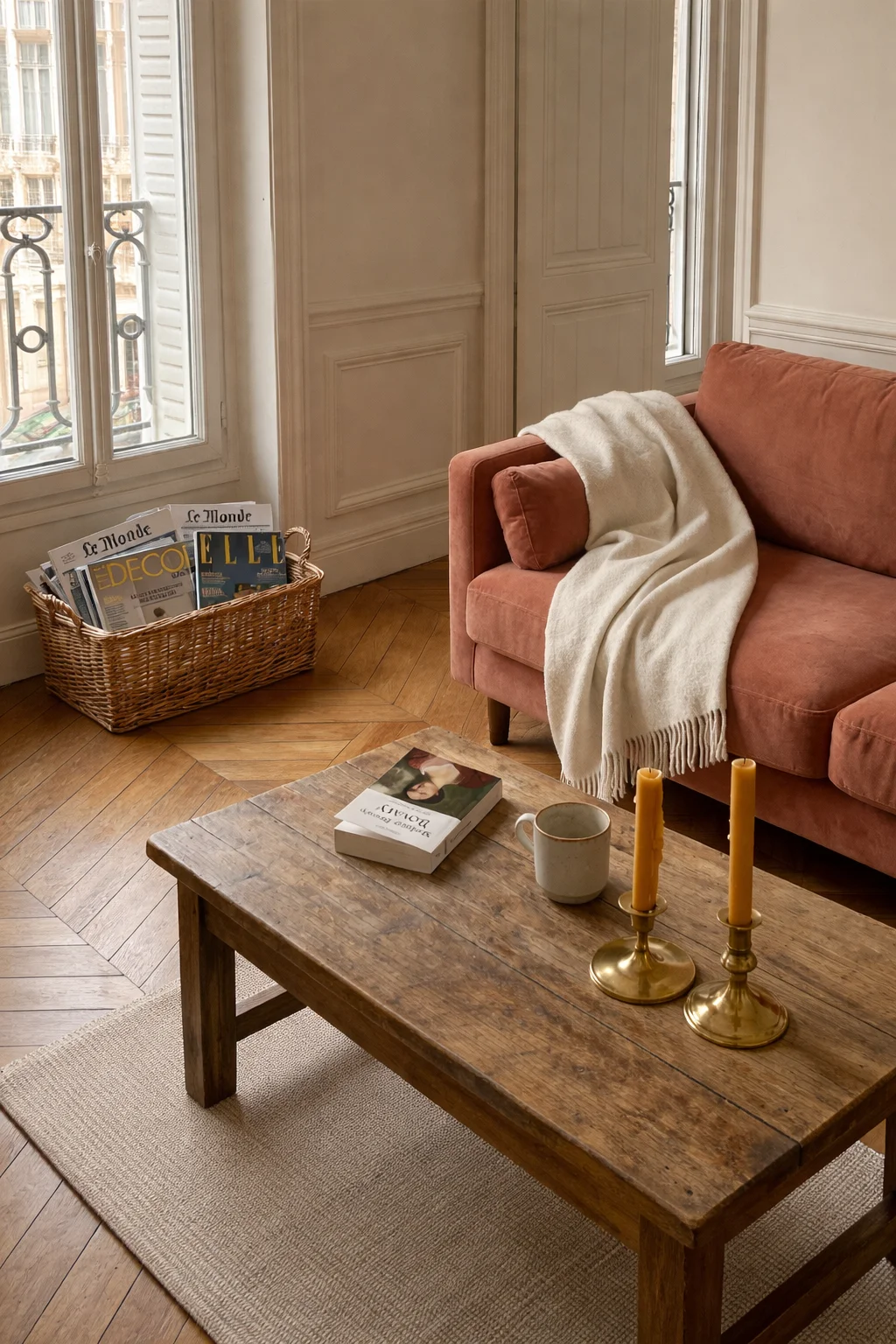 A cozy living room scene with a rust-colored sofa, a wooden coffee table holding a book and mug, and a wicker basket filled with magazines.