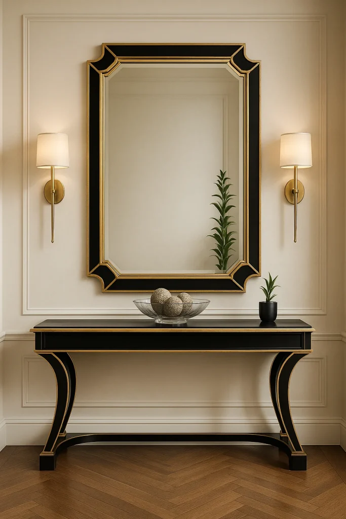 Black and gold console table with a matching mirror in an entryway.