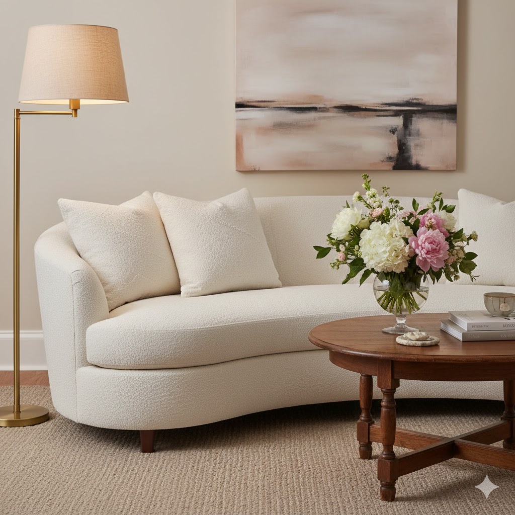 A cozy living room with a white sofa, a brass floor lamp, a wooden coffee table, flowers, and an abstract painting.