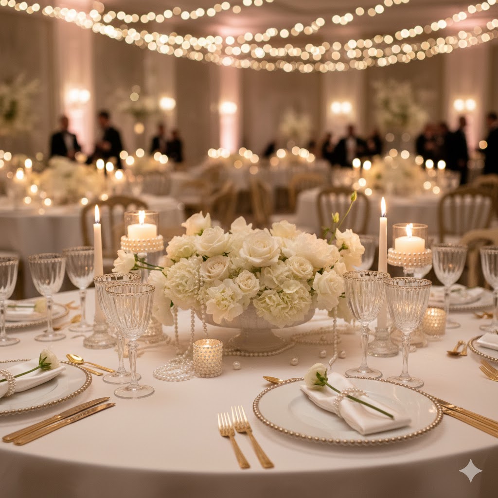 Pearlcore Wedding's Pearl‑accent décor and table settings