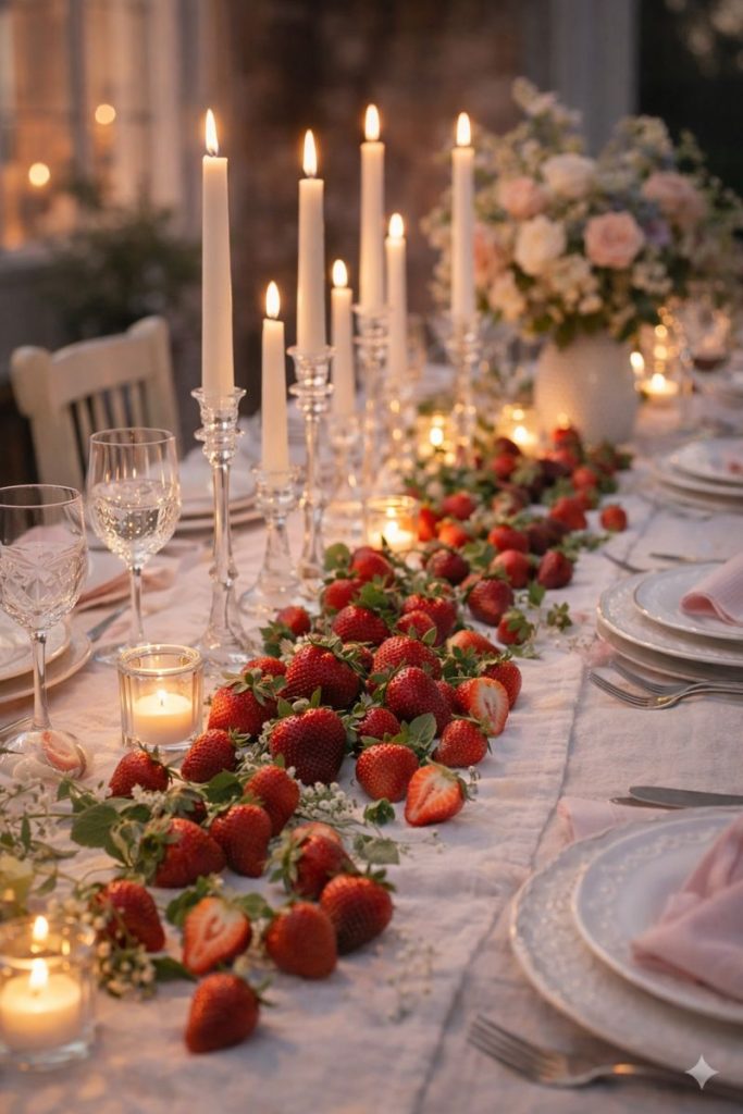  Strawberry Centerpiece Ideas for  romantic summer table with candles and strawberries,