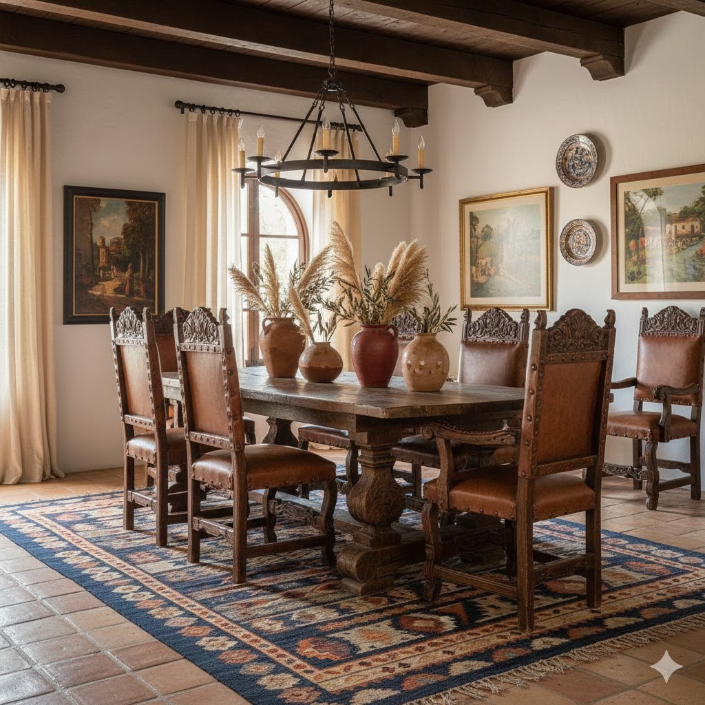 Heavy rustic carved dark wood furniture in Hacianda-style dining room 