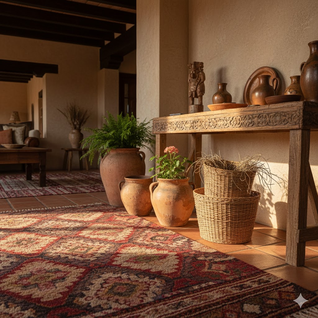 Rustic interior corner with layered textures and Natural elements with   Spanish Hacienda Style Home Décor 