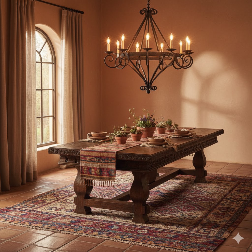 Wrought iron chandelier hanging above rustic wooden dining table in Hacienda style home 
