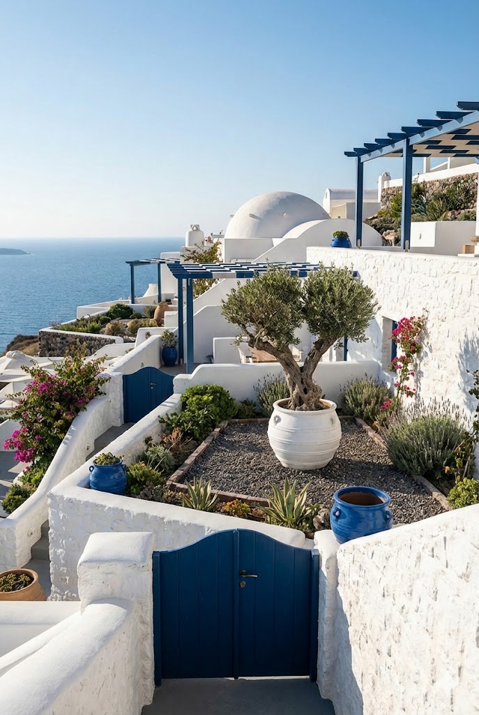 Santorini Coastal Garden White and Blue colour palette