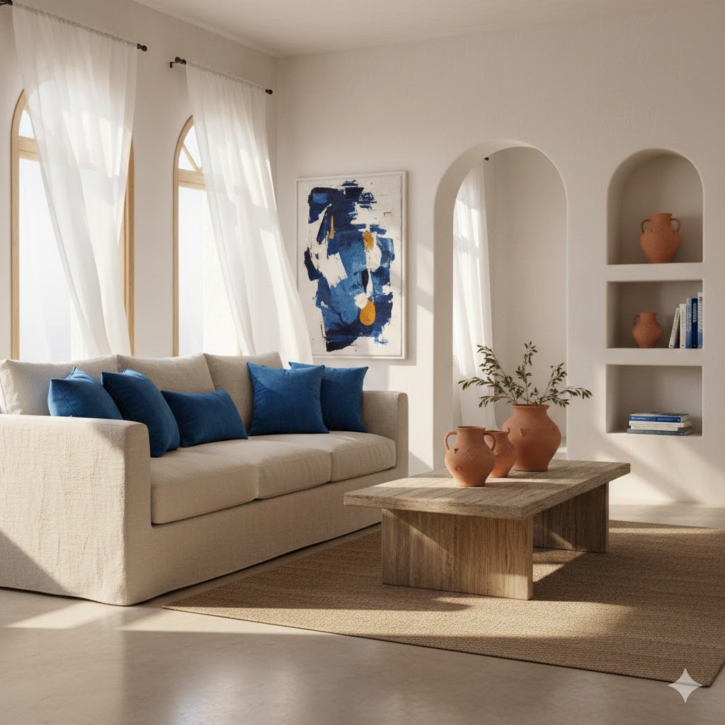 ocean-inspired artwork in Santorini-style Living Room
