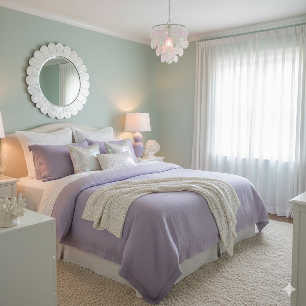 Mermaid Bedroom Ideas: Mermaid-Inspired Color Combinations bedroom Seafoam Green, Lavender & Pearl White