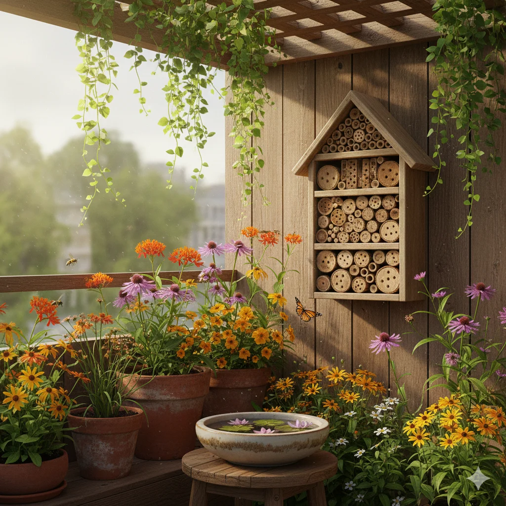 Solarpunk Balcony Garden with bee hotel or butterfly house and water bowl or bird bath