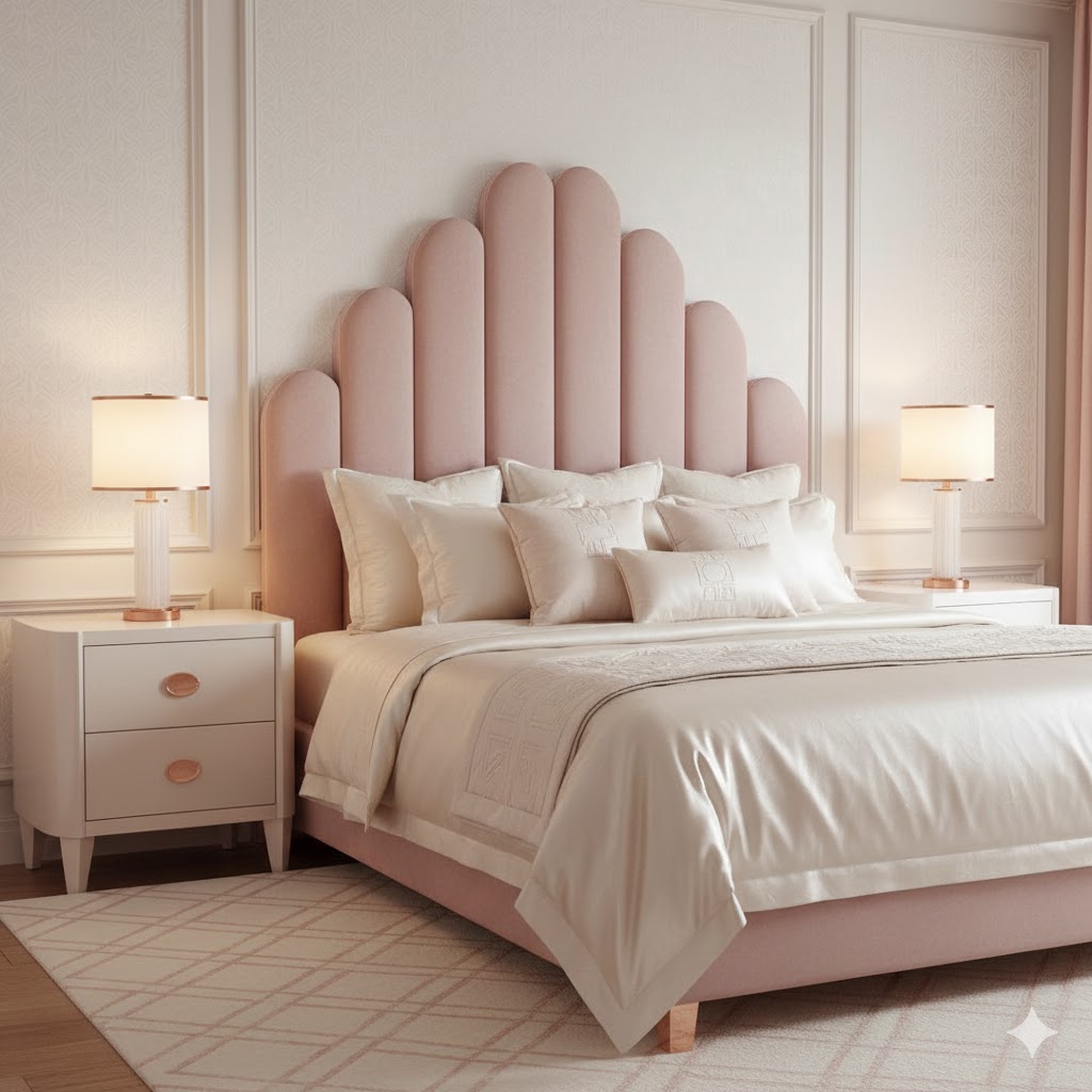 Soft Glam Art Deco (Blush, Cream & Gold) bedroom in blush and cream tones, scalloped velvet headboard, rose-gold accents, frosted glass lamps, satin bedding, plush layered pillows, curved nightstands, subtle geometric wallpaper, warm romantic lighting, airy and elegant mood