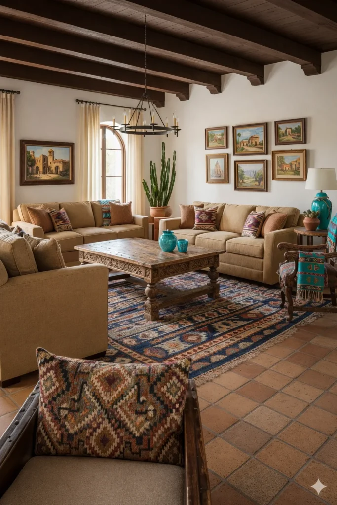 Bold Spanish and Talavera Tiles in Hacianda Style living room with desert theme or spanish decor and turquoise accents