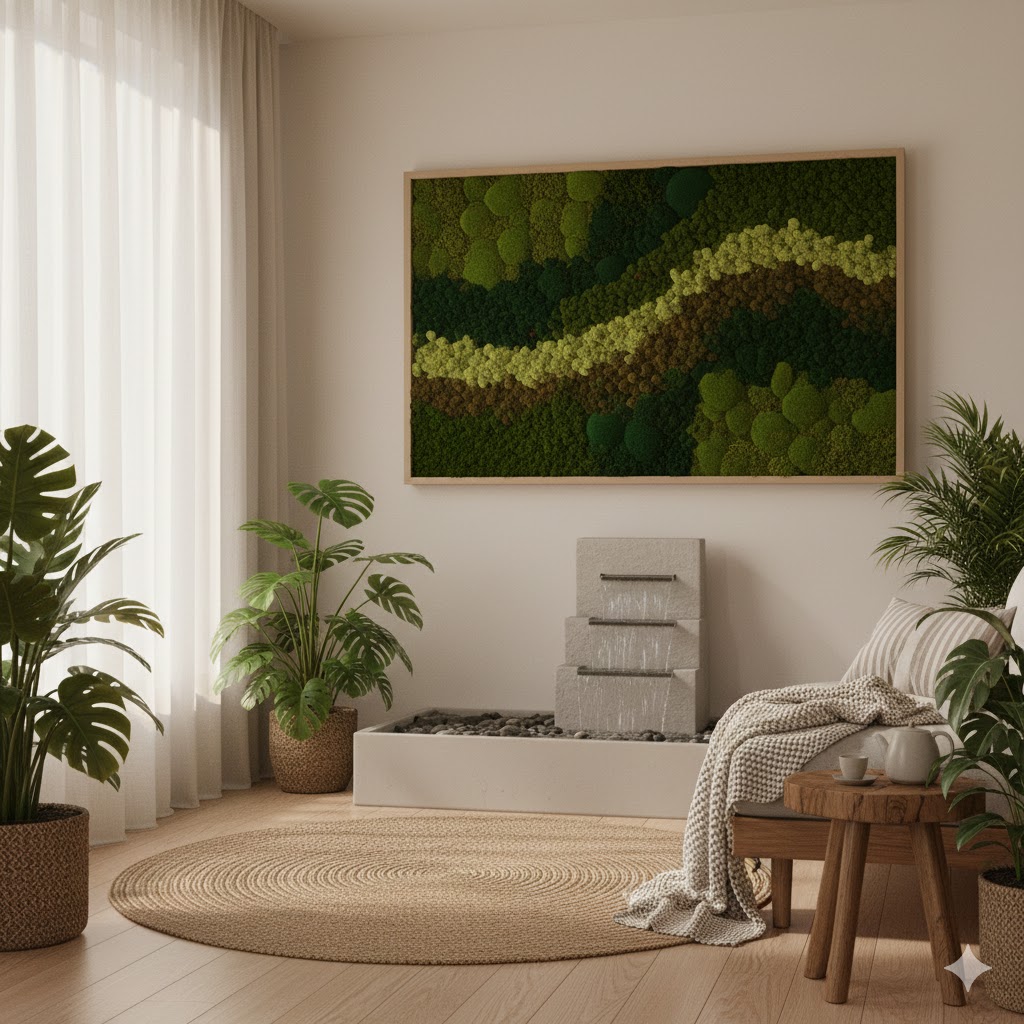 Homes Designed Like Mini Ecosystems Moss wall art in a nature-integrated living room