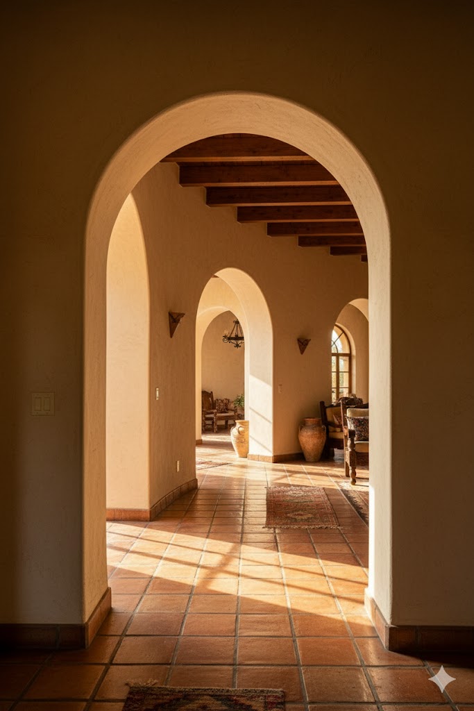 Hacienda style architecture Arched doorways, Curved windows and  Built-in wall niches