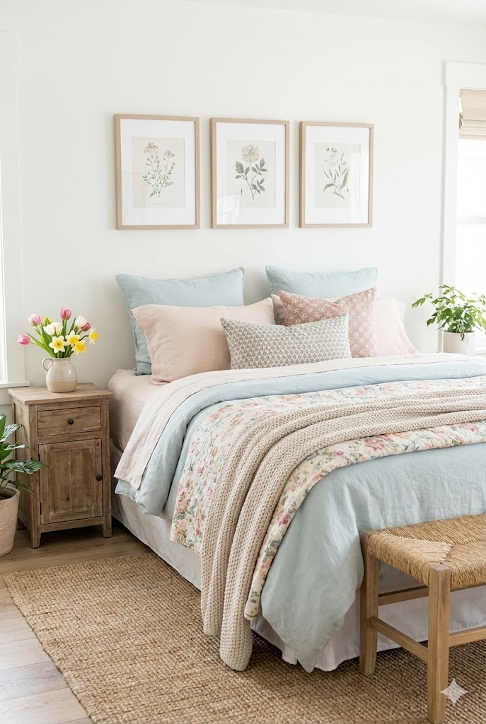 Spring Bedroom cedor with flowers and greenery and pastel color bedding