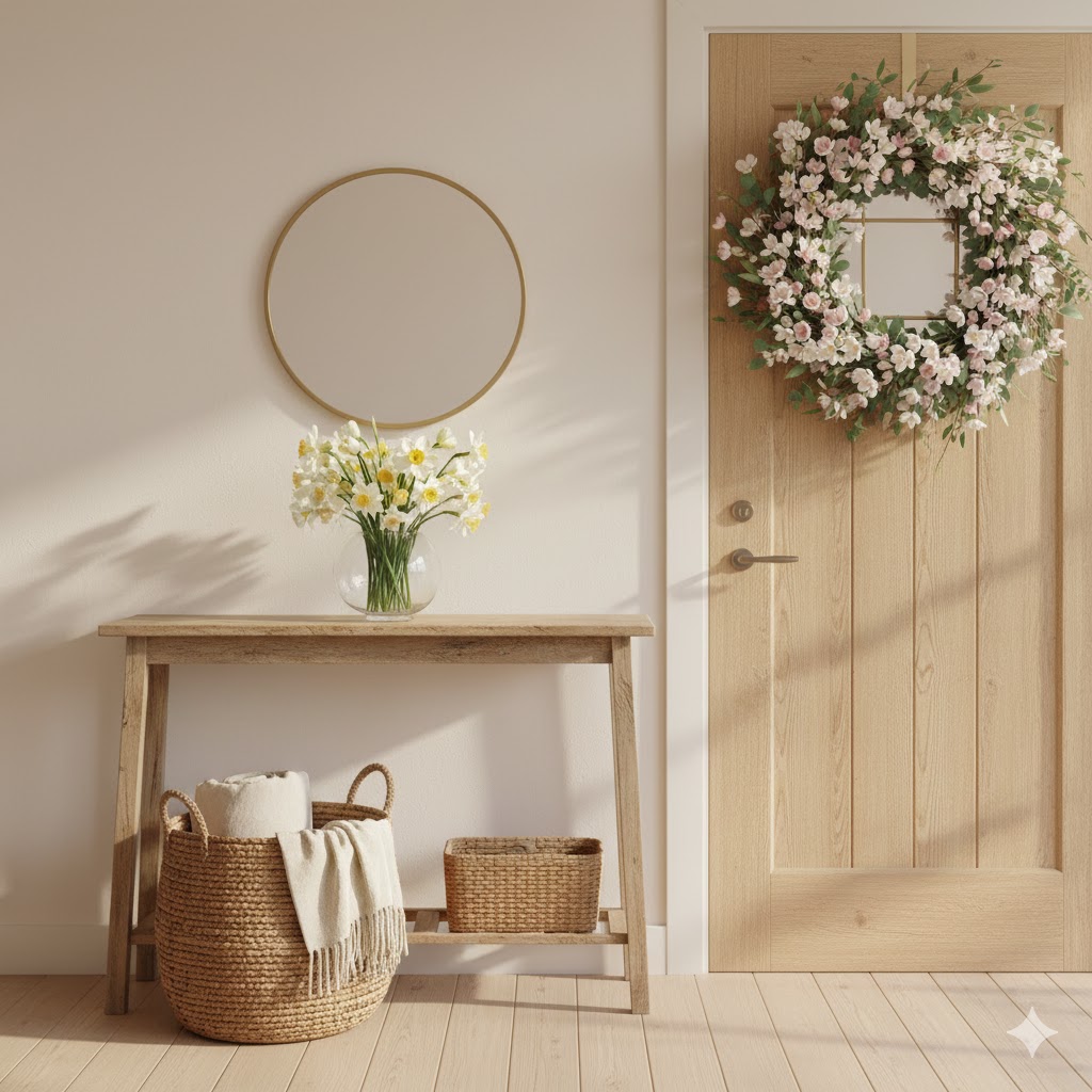 Floral Wreaths on Door and spring flower vase on entryway console table