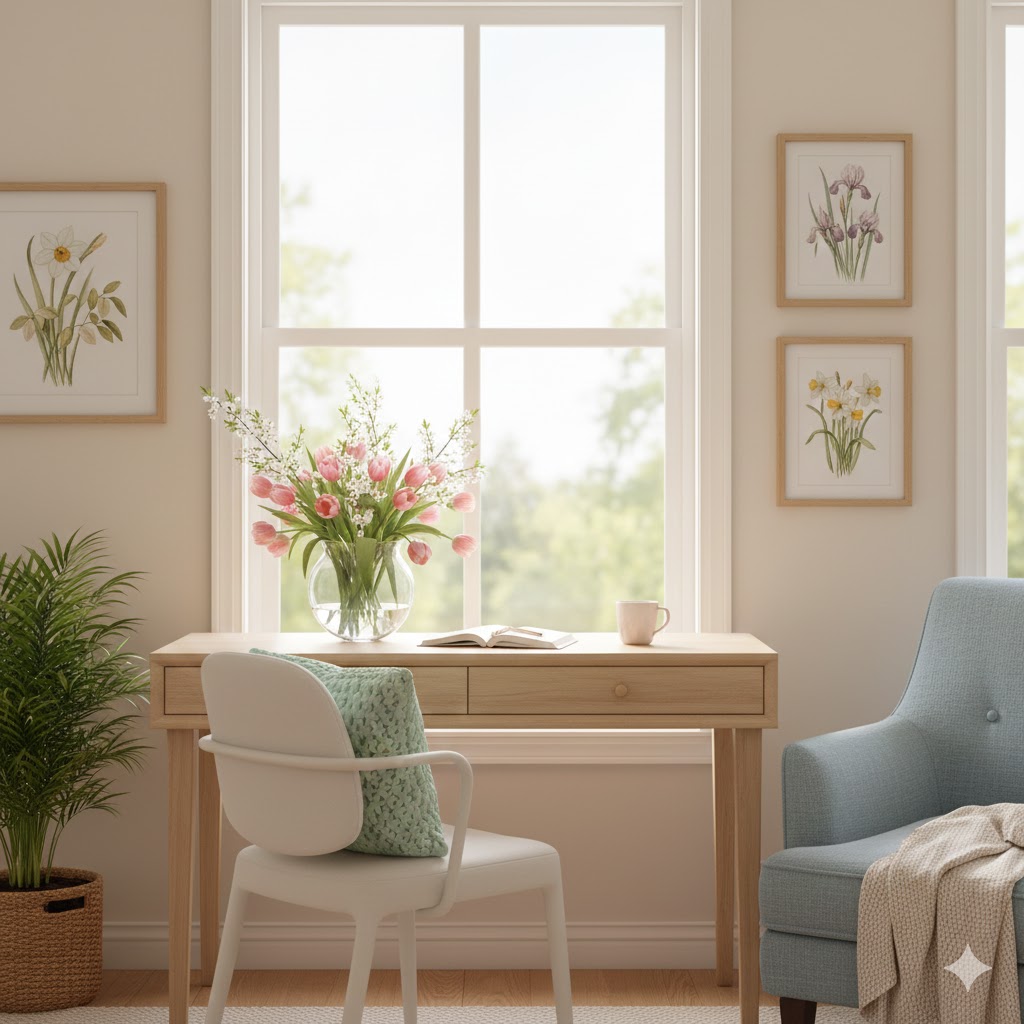 Spring Home Office decor with flowers and botanical frames