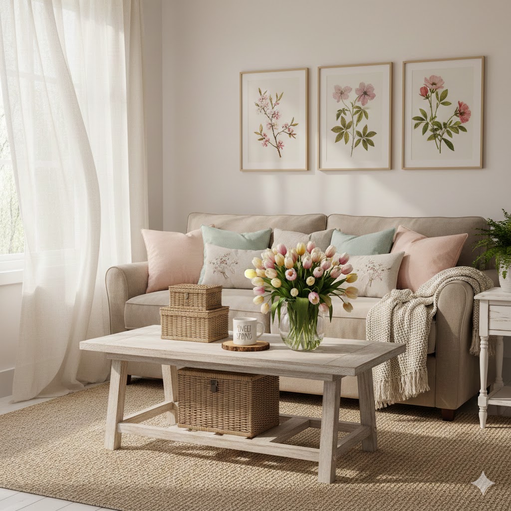 Spring Living Room decor with tulips flowers and storage baskets and botanical wall art and pastel color palette 