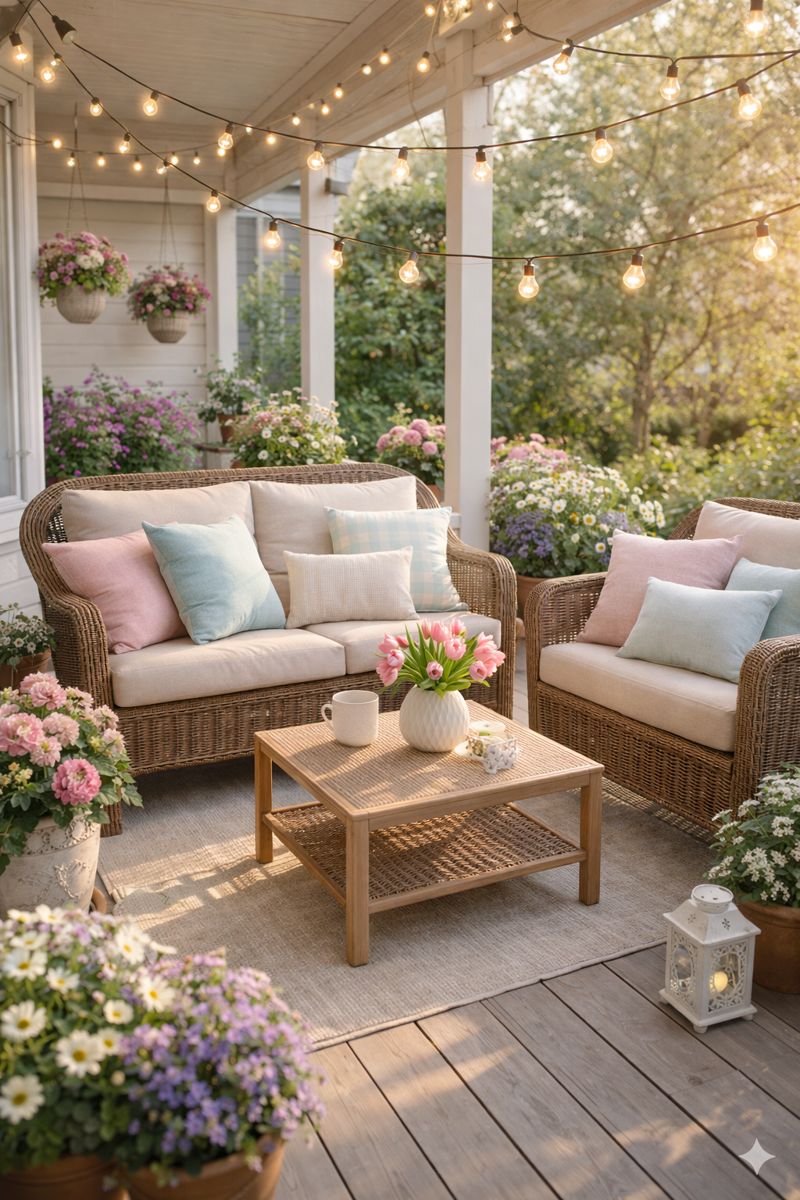 Spring Outdoor Patio with rattan furniture pastel color cushions and spring flowers potted plants and hanging flower planters