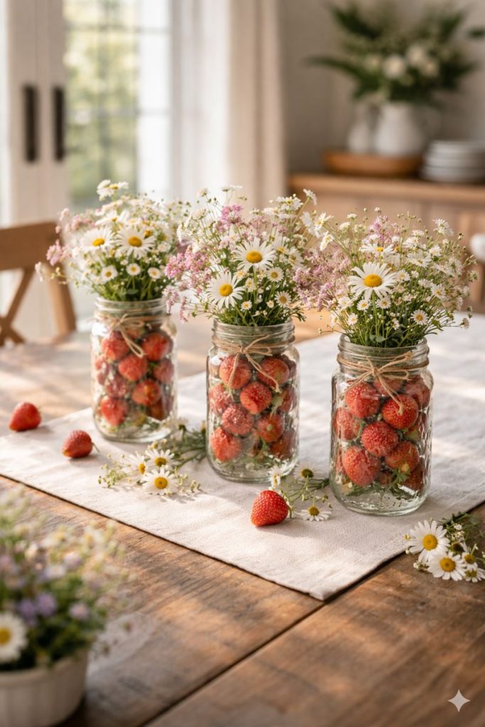 Rustic Strawberry Centerpiece Ideas: Fresh strawberries and wildflowers arrangement