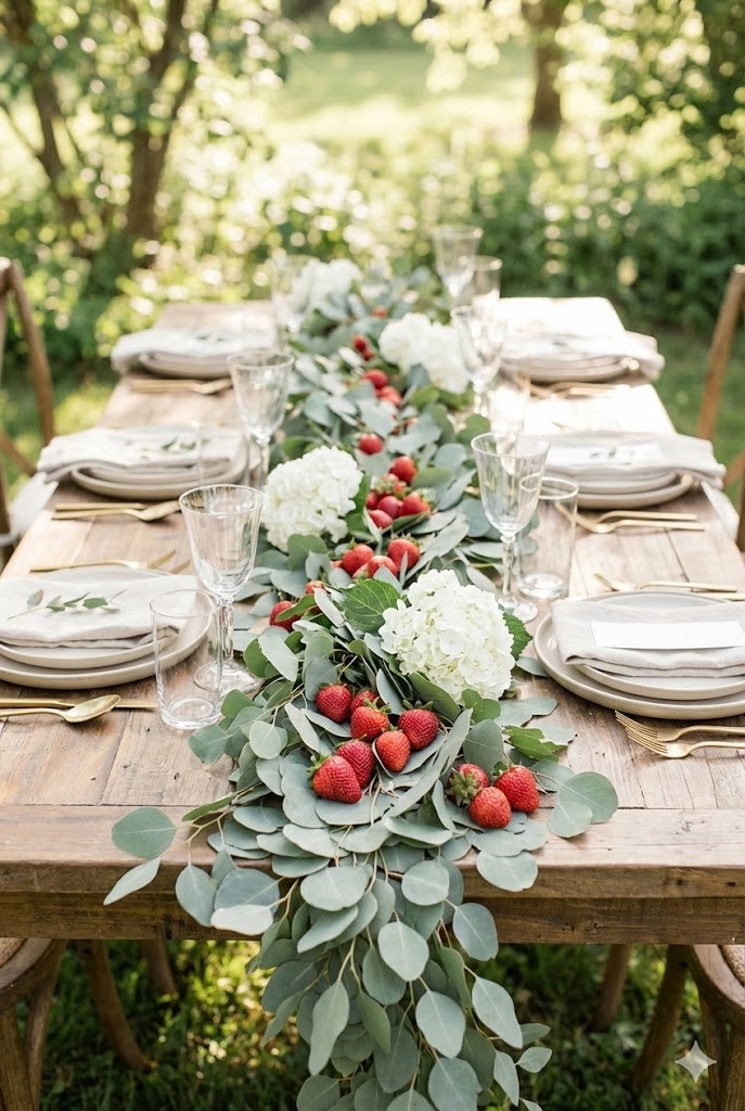 Strawberry Centerpiece Ideas: Strawberry & White Hydrangea Table Garland