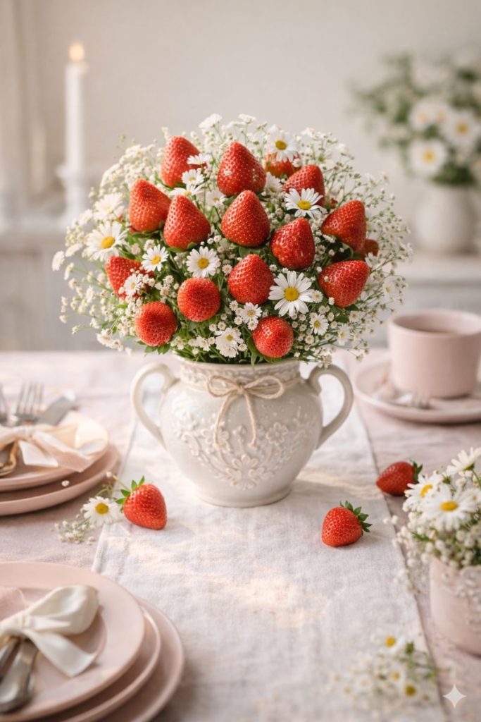 Strawberry Centerpiece Ideas, Strawberry Bouquet with pastel setting