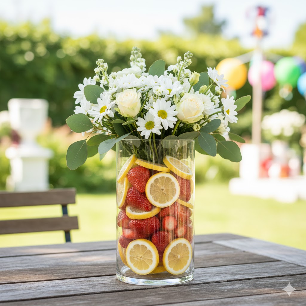Strawberry Centerpiece Ideas: strawberry citrus layered glass vase