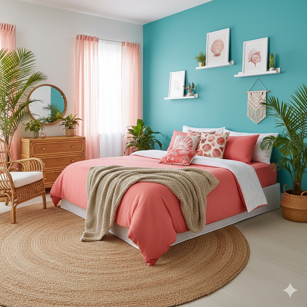 Turquoise, Coral Pink & Sandy Beige Mermaid-Inspired Color Combinations bedroom