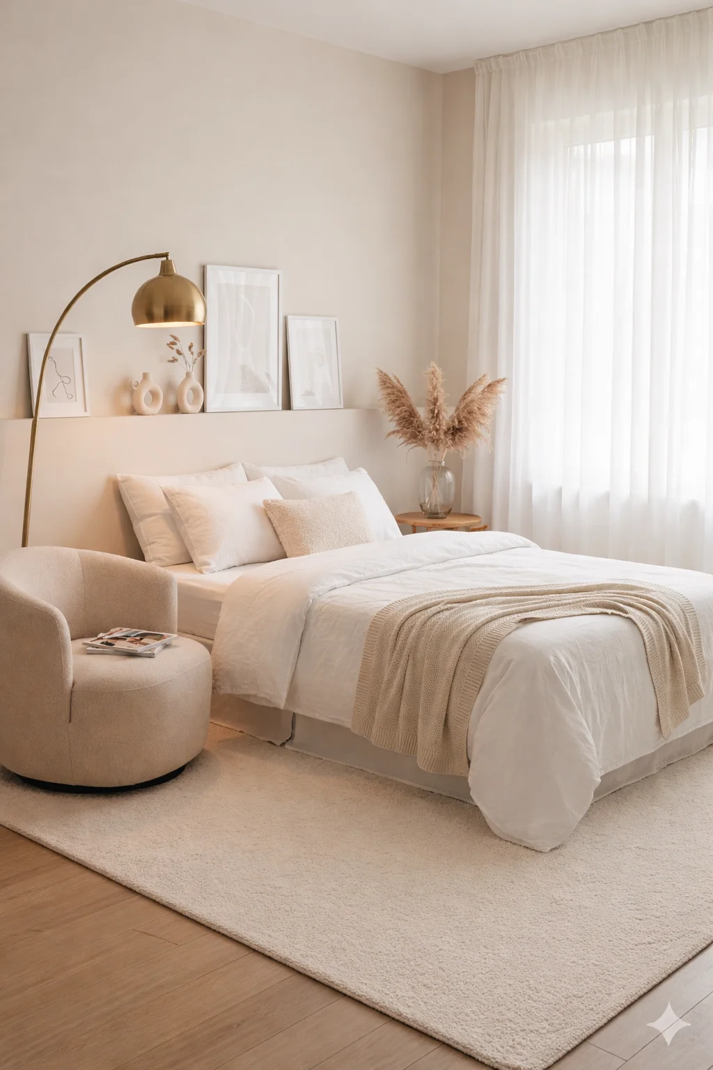 A bright Vanilla Girl Aesthetic neutral-toned bedroom featuring a bed, a chair, and a gold lamp.