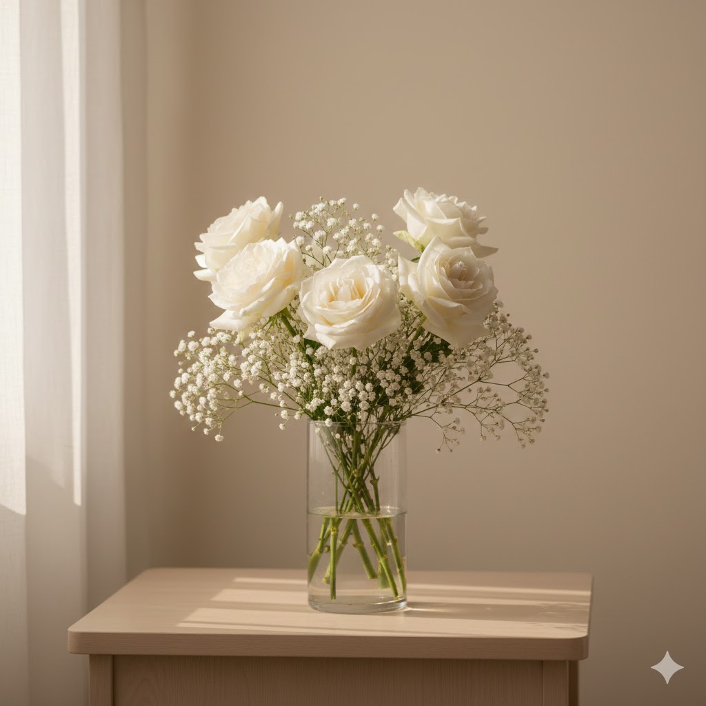 White roses and Baby’s breath bouquets
