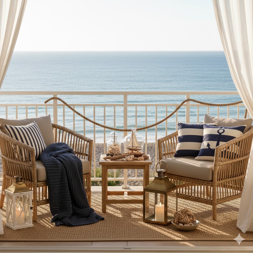 Ocean-inspired balcony décor with lanterns, rope accents, seashell décor and driftwood accessories