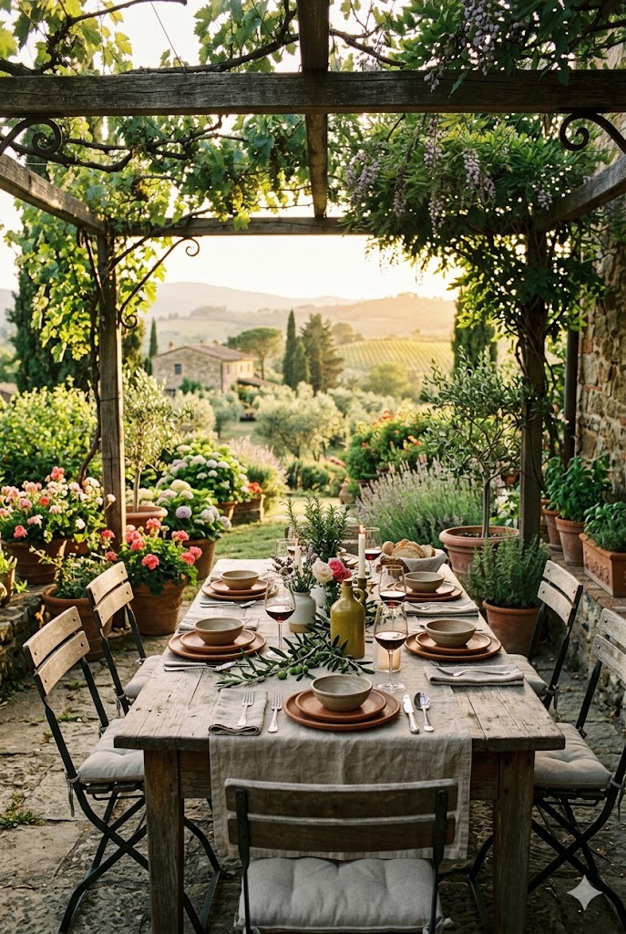 Alfresco dining setup in a Tuscan garden