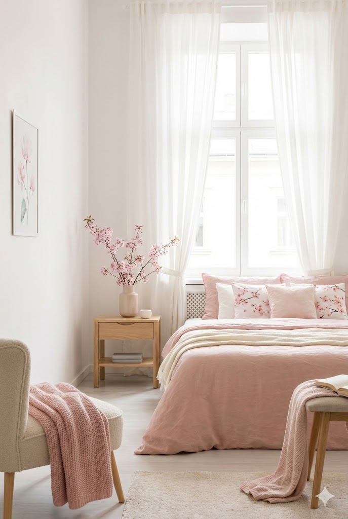 Light and airy bedroom styled with cherry blossom pink décor, pastel bedding, floral accents, and soft spring lighting.