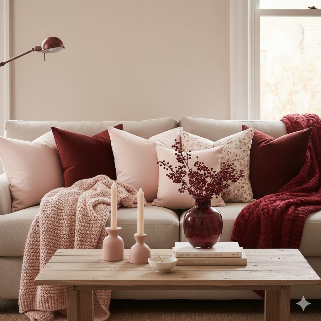 Seasonal home décor transition blending soft pink accents with cherry red tones using layered textiles and warm neutral furniture.