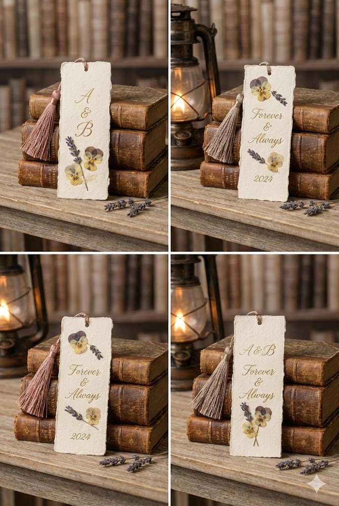 book-themed wedding bookmarks displayed on antique books