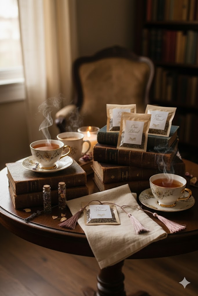 Book-themed wedding tea favors and cozy reading corner aesthetic