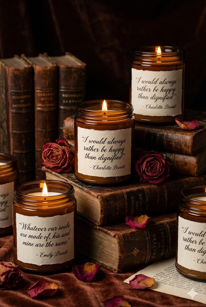 Bookish wedding favor candles in amber glass jars with literary quote labels