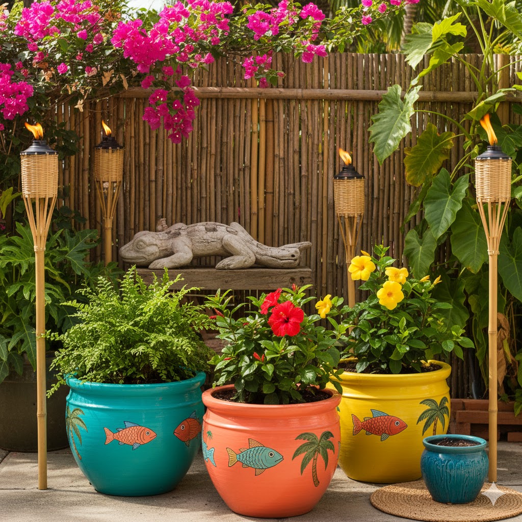Caribbean garden with colorful planters and flowers