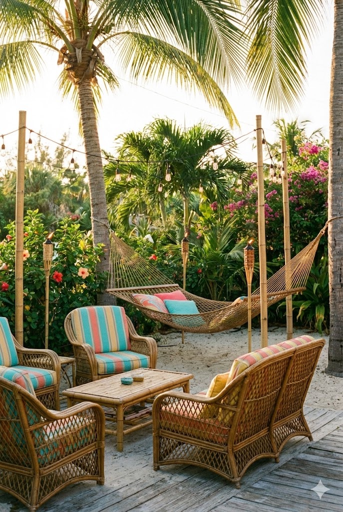 Caribbean Garden Seating area with woven rattan chairs and a hammock between palm trees