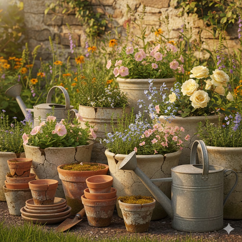 A charming cottage garden corner with weathered terracotta pots, ceramic planters of soft pastel flowers, old-world garden aesthetic