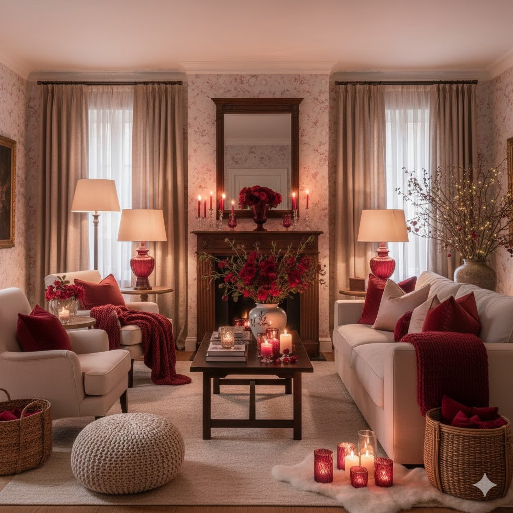 Cozy home interior showcasing a smooth transition from cherry blossom pastels to rich cherry red tones with layered textures and warm lighting.