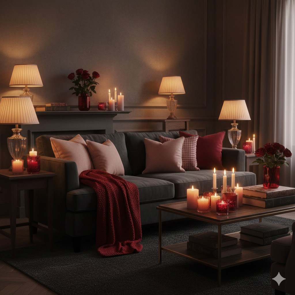 Cherry red interior accents illuminated by warm ambient lighting and candles, creating a cozy and romantic seasonal home atmosphere.