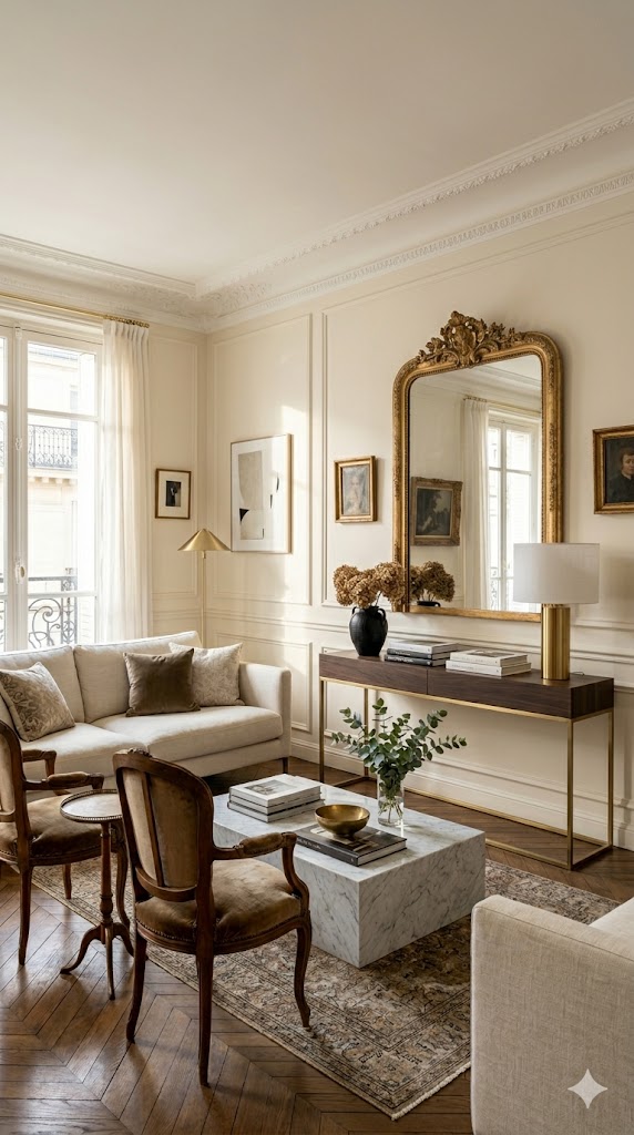 Chic Parisian apartment interior blending antique and modern décor