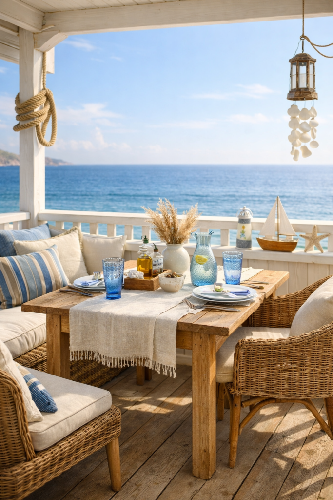 Balcony Styling Ideas for Seaside Apartment . A Coastal balcony Dining Nook