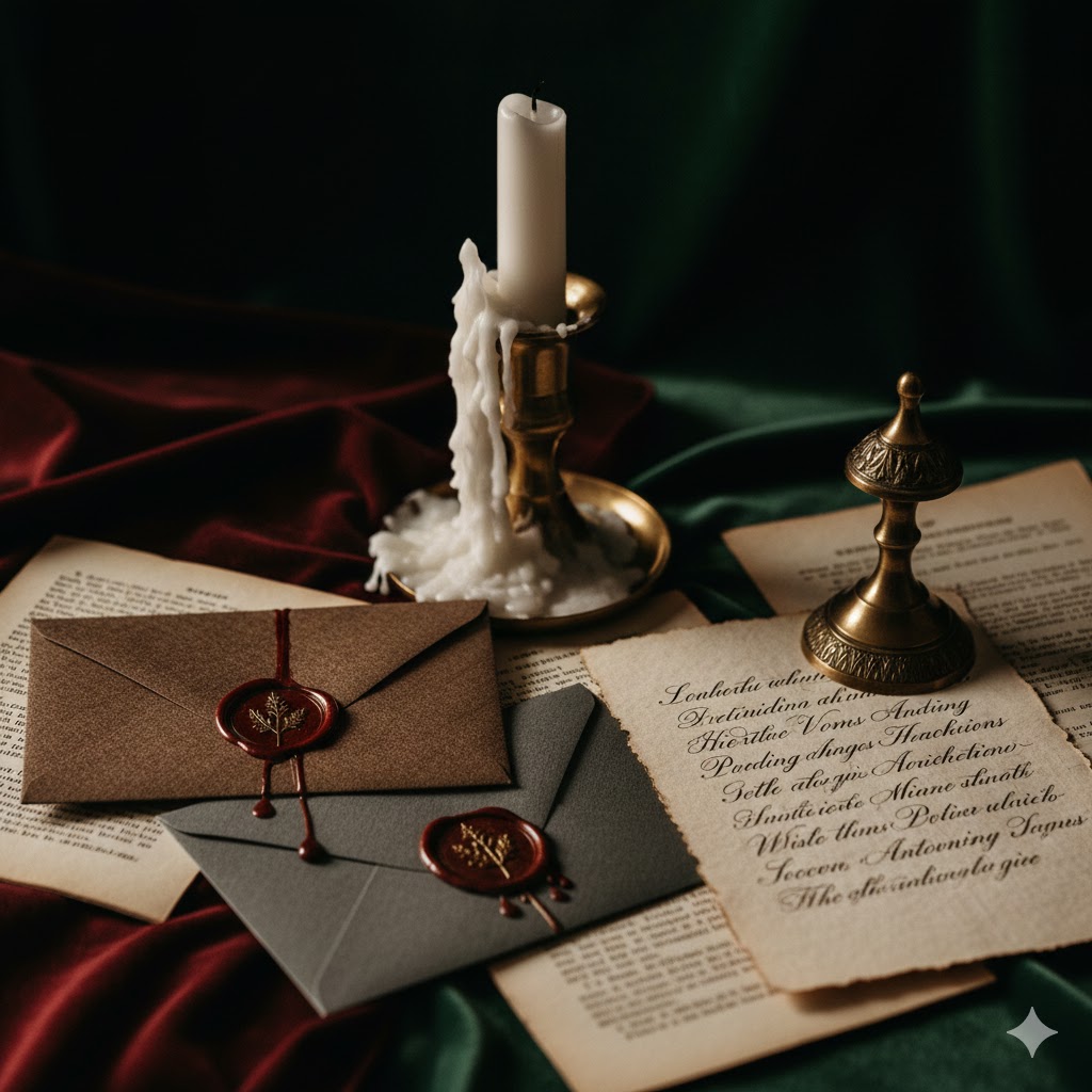 Dark Academia Wedding Inspiration wax-sealed envelopes, handwritten vows, antique book pages, brass candle holders, dripping wax, textured fabrics
