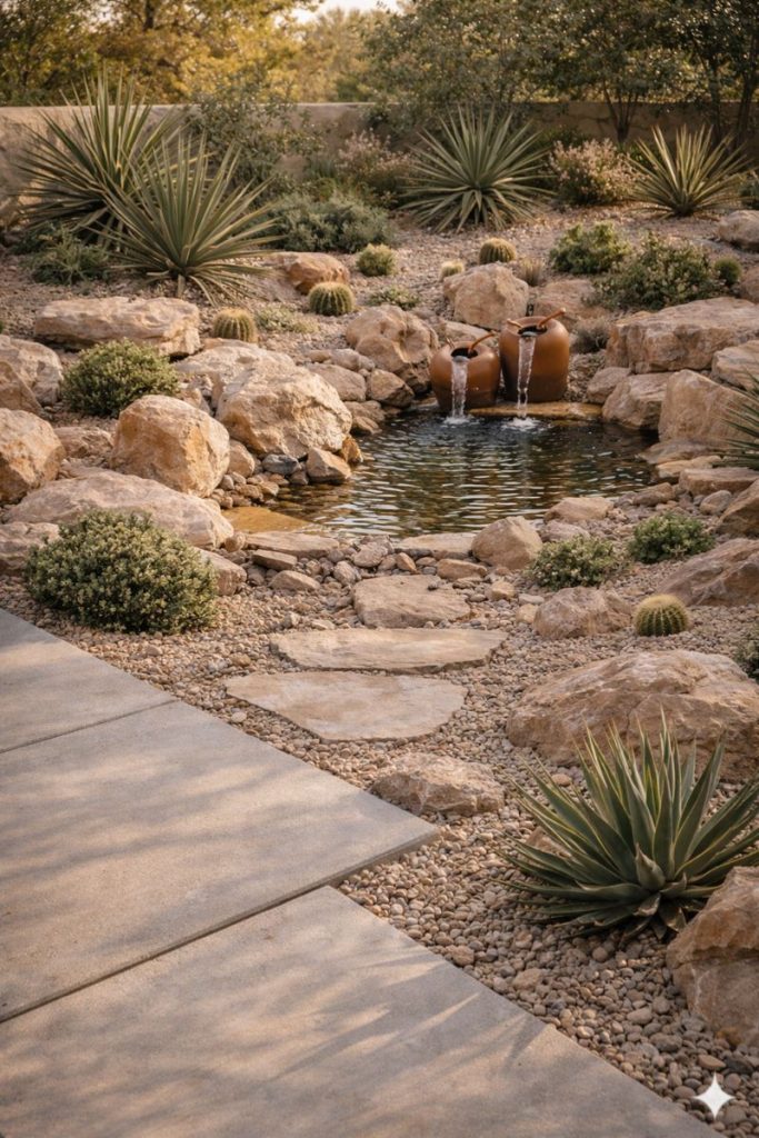 a beautiful xeriscape desert garden, featuring brown rocks, gravel ground cover, drought-tolerant plants and a small water feature with two terracotta pot fountains and a pond