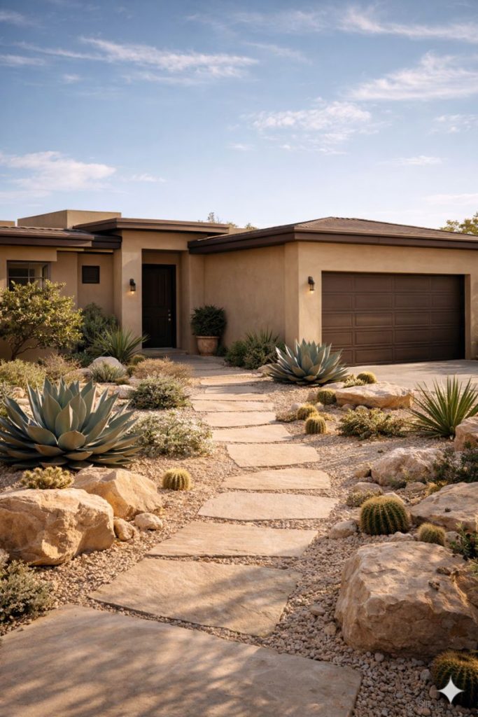 Minimalist Desert-Modern Garden front yard features xeriscape landscaping with large sandstone boulders, pea gravel, various barrel cacti, spiky agaves, and drought-resistant bushes