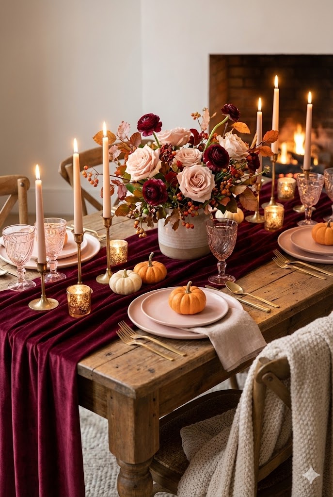 Romantic dining table styled with pastel pink glassware, burgundy table runner, candles, and warm seasonal décor.