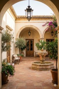 Classic hacienda courtyard with terracotta tiles, stucco walls, wrought iron lanterns, and lush greenery styled in traditional hacienda outdoor décor.