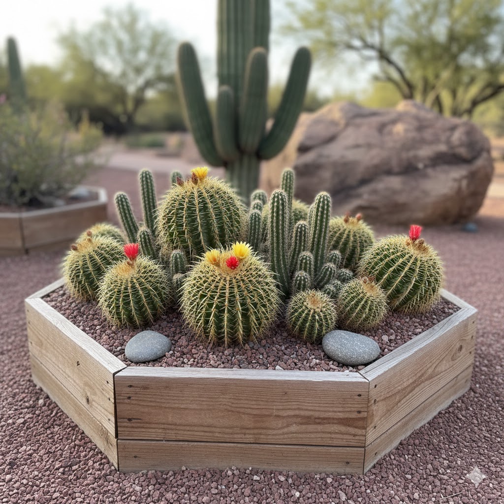 cacti planted in a hexagonal, raised wooden planter box